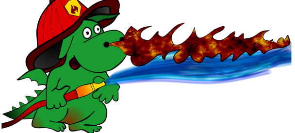 Rysunek przedstawiające smoka ziejącego ogniem, który sam gasi pożar, bo jest strażakiem.