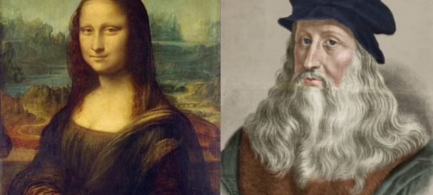 Z lewej strony obraz Mony Lisy, z prawej popiersie Leonarda da Vinci.