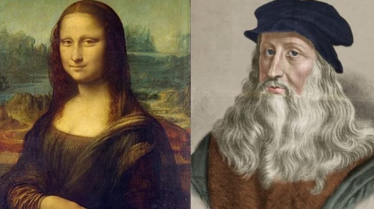 Z lewej strony obraz Mony Lisy, z prawej popiersie Leonarda da Vinci.