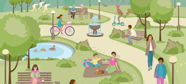 Park w którym odpoczywają dorośli i dzieci, biegają, spacerują, jeżdżą na rowerze, siedzą na ławeczce.