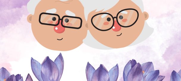 Rysunek przedstawia głowy babci i dziadka w okularach . Głowy unoszą się nad krokusami.