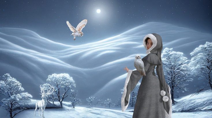 Na obrazku widać kobietę ubrana w futro, w tle zimowy krajobraz.