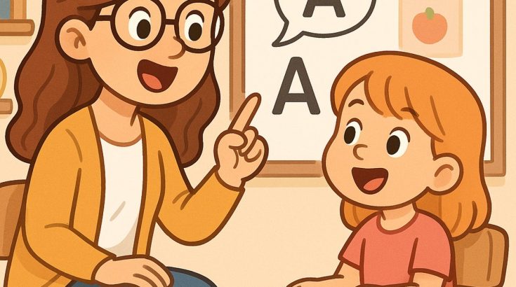 Kobieta wymawiająca literki z dzieckiem