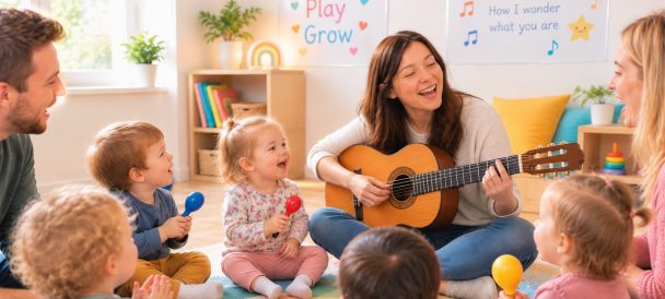 Kobieta gra na gitwrze dzieci siedzą z instrumentami i śpiewają