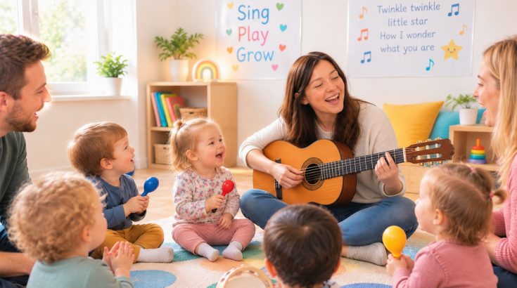Kobieta gra na gitwrze dzieci siedzą z instrumentami i śpiewają