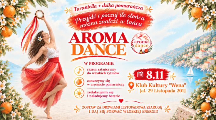 Tańcząca kobieta, runek pomrańczy i napis aroma dance